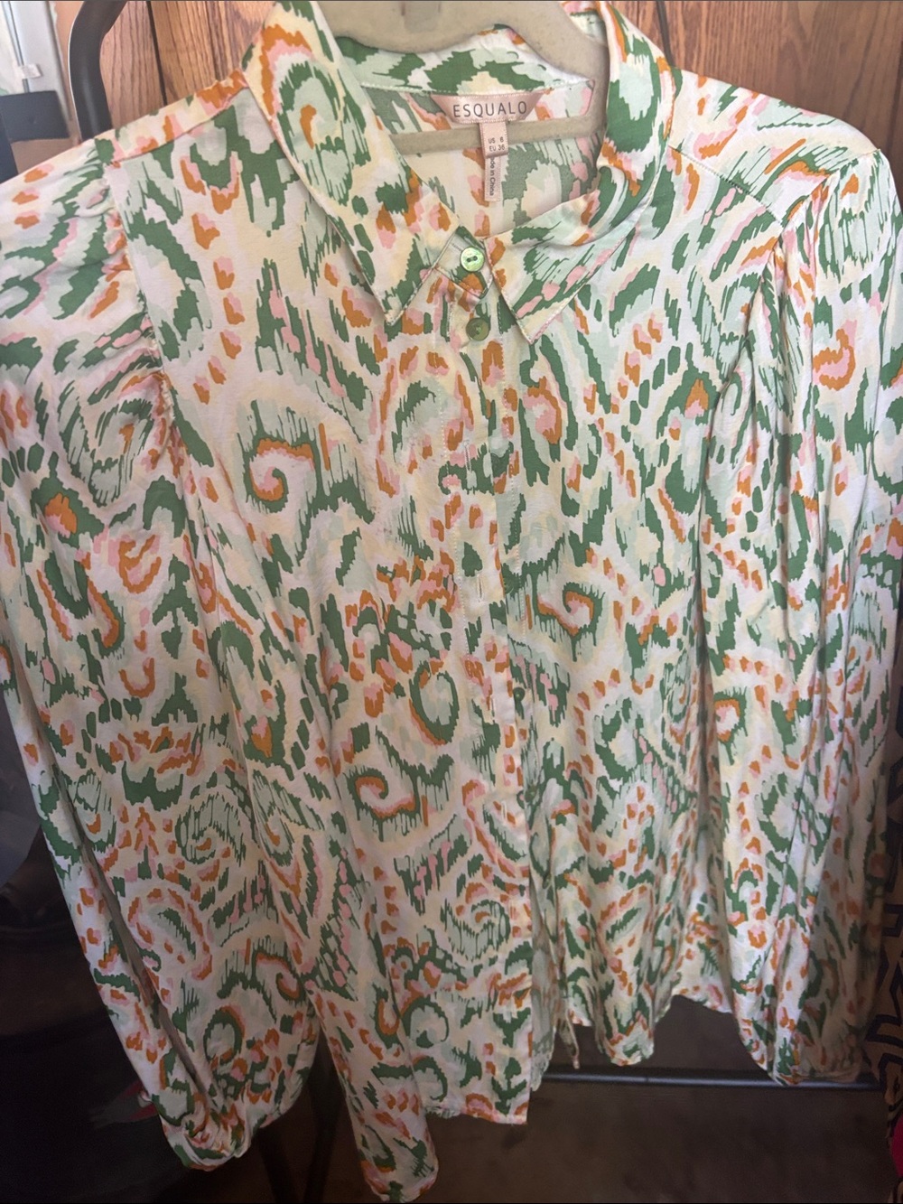 ESQUALO Cream Blouse with Green & Orange Abstract Print